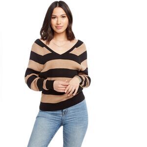 NEW Chaser Black & Tan Wide Stripe V Neck Cotton Sweater Size Small Relaxed Fit